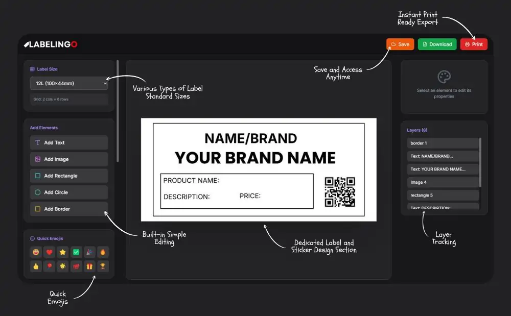 Labelingo software interface showing the label design workspace